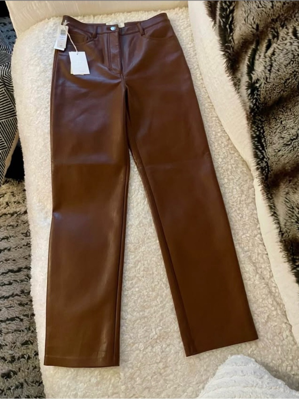 Aritzia Brown Faux Leather Straight-Leg Pants. The Melina Wilfred